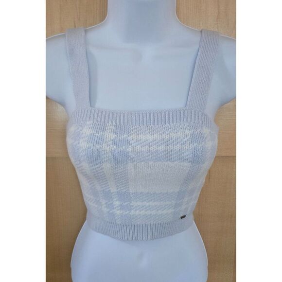 Hollister Womens XS Knit Cropped Plaid Tank Top Light Blue & White fairycore - Picture 4 of 9